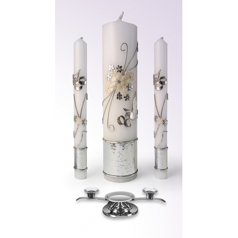 WEDDING CANDLE SET SILVER WITH BASE
