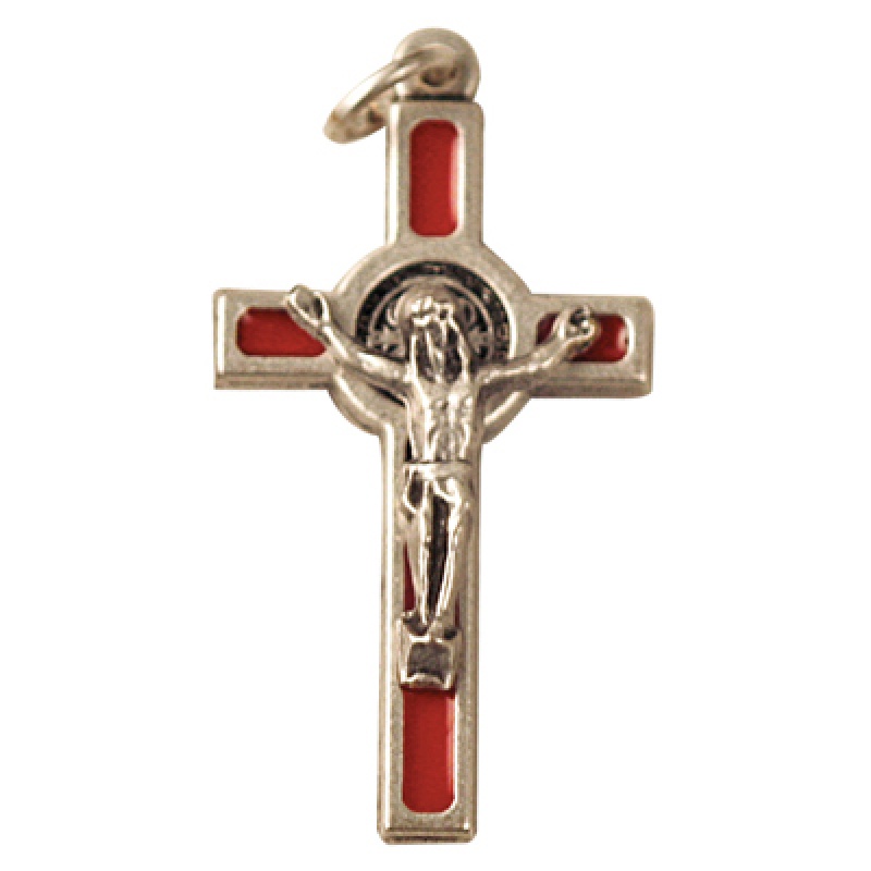 SMALL CRUCIFIX ST BENEDICT SILVER RED 1.5"