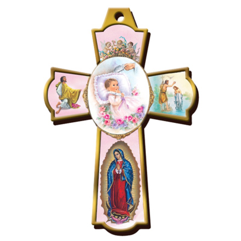SMALL WOOD CRUCIFIX BAPT. WITH O.L. GUADALUPE PINK